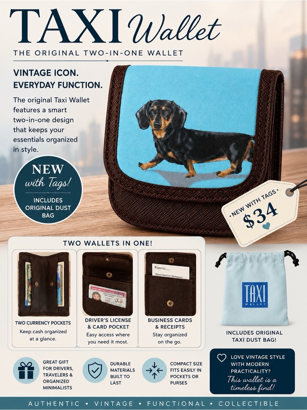 Taxi Wallet Dachshund Dog Travel Wallet Coin Purse NWT Original Dust Bag